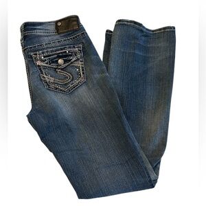 Silver Suki Surplus 17" Bootcut Jeans 29 x 31.5 Low Rise Blue Denim Thick Stitch